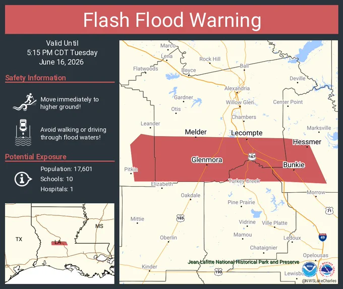 This graphic displays a flash flood warning plotted on a map. The warning is in effect until 5:15 PM CDT. The warning includes Bunkie LA, Glenmora LA and Lecompte LA.  This warning is for Southwestern Avoyelles Parish in central Louisiana, Northern Evangeline Parish in central Louisiana, Southern Rapides Parish in central Louisiana and Southeastern Vernon Parish in west central Louisiana. Avoid walking or driving through flood waters! Move immediately to higher ground! There are 17,601 people in the warning along with 10 schools and 1 hospital.