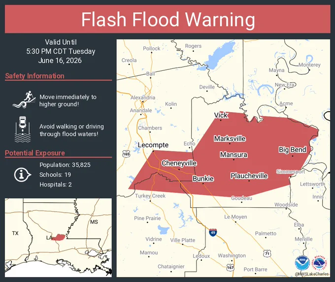 This graphic displays a flash flood warning plotted on a map. The warning is in effect until 5:30 PM CDT. The warning includes Marksville LA, Bunkie LA and Cottonport LA.  This warning is for Avoyelles Parish in central Louisiana, North Central Evangeline Parish in central Louisiana and Southeastern Rapides Parish in central Louisiana. Avoid walking or driving through flood waters! Move immediately to higher ground! There are 35,825 people in the warning along with 19 schools and 2 hospitals.