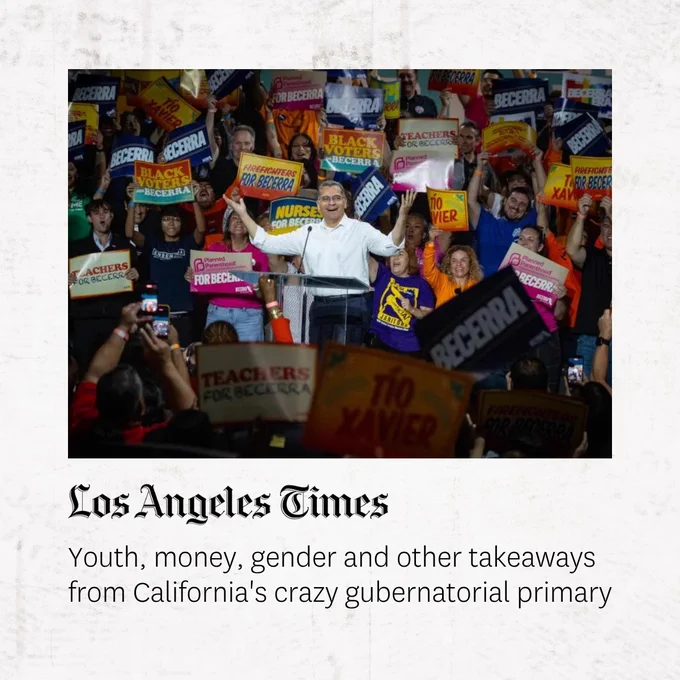 A person stands at a podium surrounded by a crowd holding colorful signs, some of which read "Teachers for Becerra" and "Nurses for Becerra." The scene is energetic and lively. The Los Angeles Times logo is at the bottom, with a headline about California's gubernatorial primary.