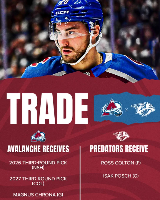 TRADE
Avalanche Receives 2026 and 2027 third round pick and Magnus Chrona.
Predators receive Ross Colton and Isak Posch