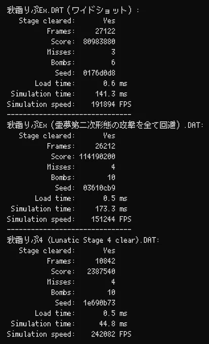 Output of the upcoming Shuusou Gyoku command-line replay simulation tool, showing the end result of two Extra Stage and one Lunatic Stage 4 replay, together with the surprisingly short amount of time it took to gather these results – 141.3 ms for a Wide Shot Extra Stage run, 173.3 ms for a Homing Missile Extra Stage run, and 44.8 ms for a Laser run of Stage 4 on Lunatic difficulty, translating to validation frame rates of 191894, 151244 and 242082 FPS, respectively.
