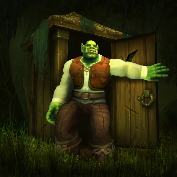 In the center of the image is an orc male wearing a long-sleeved white shirt with a brown vest over it. He wears brown pants. He appears to be exiting an outhouse in the middle of a swamp. His expression resembles a slight smile, as if he's nostalgic about the fact that the years really do start comin' and they don't stop comin'.