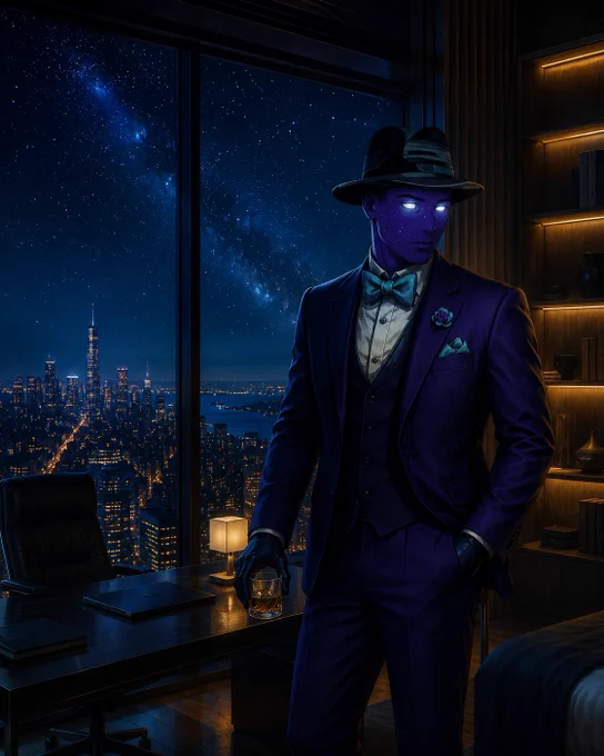A formal figure in a purple suit stands in a dimly lit room, gazing out at a starry night skyline with a glass in hand.