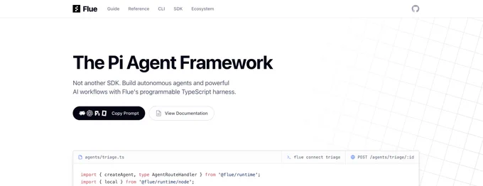 Flue homepage but with title "The Pi Agent Framework"