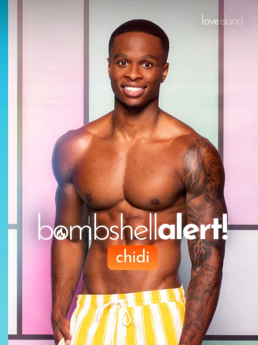 A promotional portrait from Love Island.
The image shows Chidi, smiling with a short buzz cut and clear definition in his abdominal muscles, posing with one hand partially in his pocket. He has a full sleeve tattoo on his left arm depicting detailed artistic figures. He is wearing yellow and white vertically striped swim shorts with a drawstring.
The background consists of modern vertical panels in pastel pink, mint green, and white. Overlaid white text reads "bombshell alert!" with a small flame icon inside the first letter "o". Directly below it, an orange rounded button features his name, "chidi", in white text.