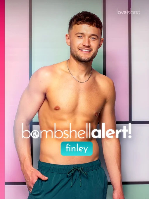 A promotional portrait from Love Island.
The image shows Finley, a smiling man with a short, styled haircut, light brown hair, blue eyes, and light stubble/short beard. He is posing shirtless with his right hand resting in his pocket, wearing a thin silver chain necklace and dark teal/green swim trunks with a tied drawstring.
The background is made up of modern vertical geometric panels in pastel pink, mint green, and white. Overlaid white text reads "bombshell alert!" with a small flame icon inside the first letter "o". Directly below it, a rounded teal button features his name, "finley", in white text.