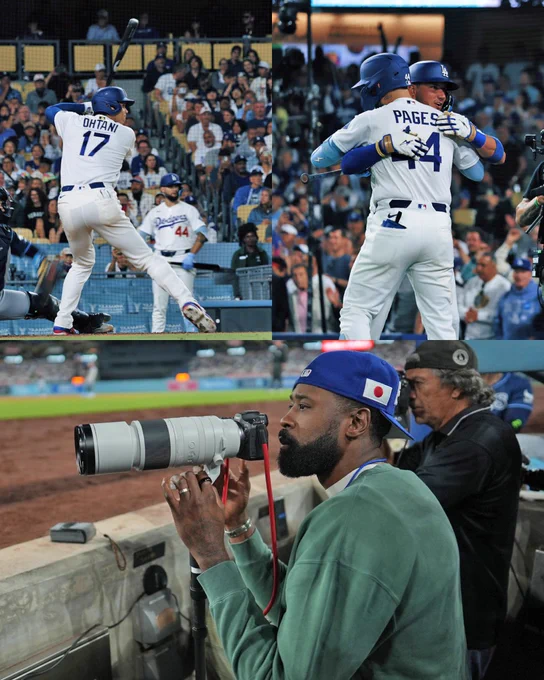 (Top Left) Shohei Ohtani in his batting stance wearing a white Dodgers uniform and a blue helmet.
(Top Right) Andy Pages hugs Miguel Rojas. They both wear white Dodgers uniforms and blue helmets.
(Bottom) DeAndre Jordan takes a photo wearing a green top and a backwards blue Dodgers cap.