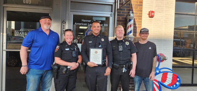 From left, Officer Chris Royston, Lt. Leah Storm, Patrol Sgt. Blake O'Dell, Officer Blake Patterson and Officer Dakota Leah standing outside the Stillwater American Legion. 