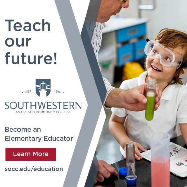 The image shows an elementary aged child wearing safety goggles smiling and holding a test tube in a classroom setting. The text includes "Teach our future!" and "Become an Elementary Educator," with  the SWOCC logo and a website link: soucc.edu/education.