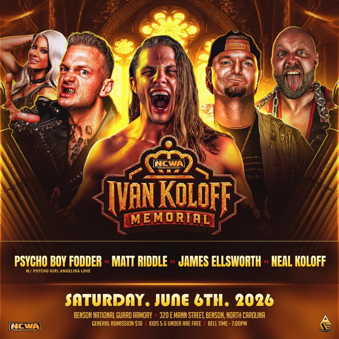 Psycho Boy Fodder w/ Psycho Girl Angelina Love vs Matt Riddle vs James Ellsworth vs Neal Koloff at NCWA Ivan Koloff Memorial.