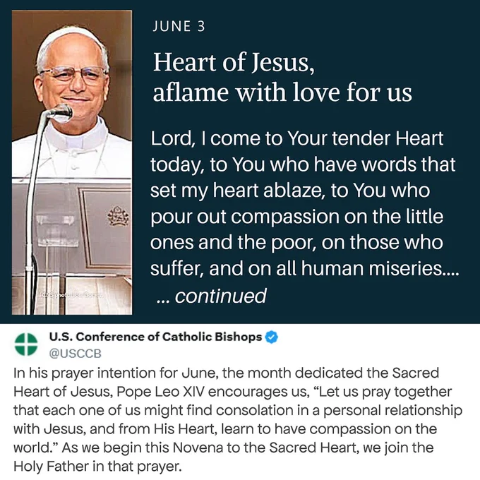 On the left, Pope Leo XIV stands at a lectern wearing a white cassock and white zucchetto, speaking with a gentle smile. On the right, against a dark blue background, large white text reads: “JUNE 3 – Heart of Jesus, aflame with love for us.” Beneath the title appears the opening portion of Pope Leo XIV’s prayer for the month dedicated to the Sacred Heart of Jesus, beginning, “Lord, I come to Your tender Heart today…” and concluding with the notation “…continued,” indicating that the full prayer appears in the accompanying post.
  
Below the prayer graphic is a screenshot of a U.S. Conference of Catholic Bishops (USCCB) social media post announcing Pope Leo XIV’s June prayer intention. The post invites Catholics to deepen their personal relationship with Jesus and learn compassion from His Sacred Heart. The overall graphic serves as Day 1 of a Novena to the Sacred Heart of Jesus and directs readers to the full prayer and reflection in the accompanying text
