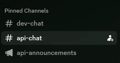 a Discord channel list, showing a Pinned Channels section containing #dev-chat, #api-chat, and #api-announcements