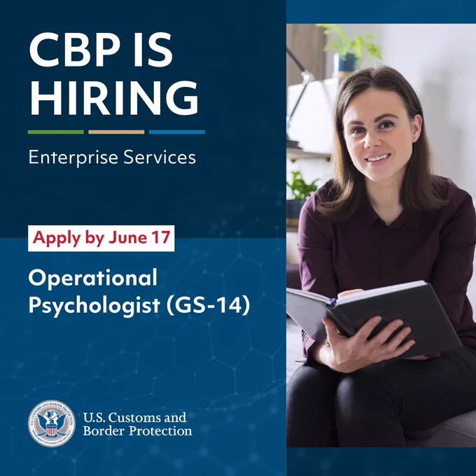 A seated woman with a notebook. CBP is Hiring. Enterprise Services. Apply by June 17. Operational Psychologist (GS-14).