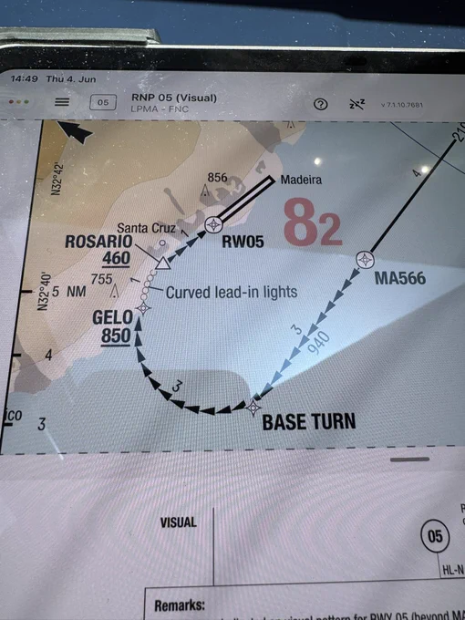 Part of the visual approach chart of runway 05 in Funchal. Showing the curved approach path and two visual waypoints Gelo with a minimum altitude of 850ft and Rosario with 460 ft.
Besides the runway wind the wind at Rosario is always reported as well.