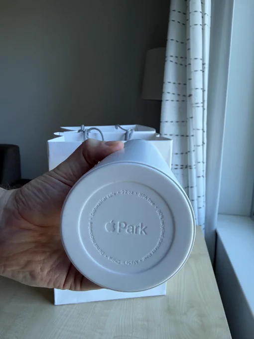 The water bottle's bottom is rubberized and stamped Apple Park.