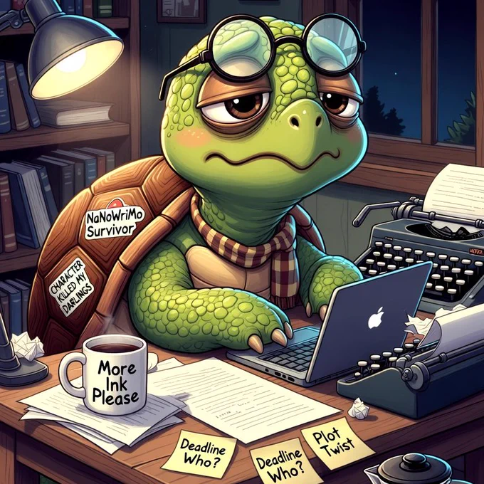 A cartoon turtle, created by Grok, has had a hard day. He sits at his keyboard, exhausted, and surrounded by mess.
