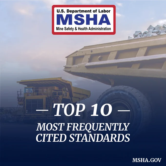 An image featuring the MSHA (Mine Safety and Health Administration) logo with machinery in the background. Text on the image reads: "Top 10 Most Frequently Cited Standards." The bottom right corner shows "MSHA.gov.