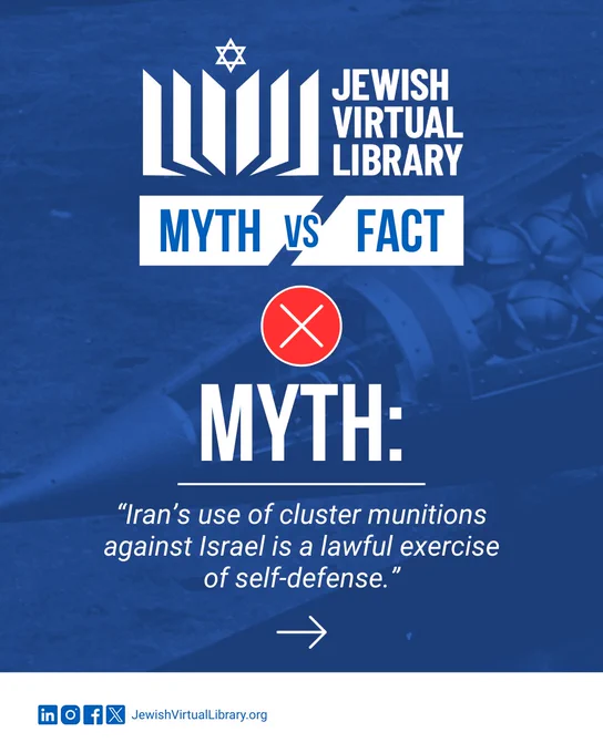 A post from the Jewish Virtual Library, titled "Myth vs Fact." The image shows a missile and highlights the myth: "Iran's use of cluster munitions against Israel is a lawful exercise of self-defense."