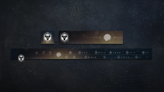 Destiny 2 Old Lights emblem artwork displayed on a dark, textured star-map background. Three preview images show the emblem at different sizes: a hexagonal Destiny icon on the left and a long horizontal banner extending across the frame. Near the center of the banner, the glowing white Traveler sits inside a warm gold halo, while a thin line runs across the design with clusters of small symbols and activity icons marking points along the timeline. The color palette fades from bronze and amber on the left into navy and deep blue on the right, giving the emblem the look of a visual history of Destiny 2.