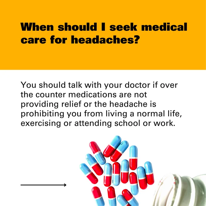 Graphic featuring over the counter pain medication with the question 'When should I seek medical care for headaches?' followed by the answer 'You should talk with your doctor if over the counter medications are not providing relief or the headache is prohibiting you from living a normal life, exercising or attending school or work.'