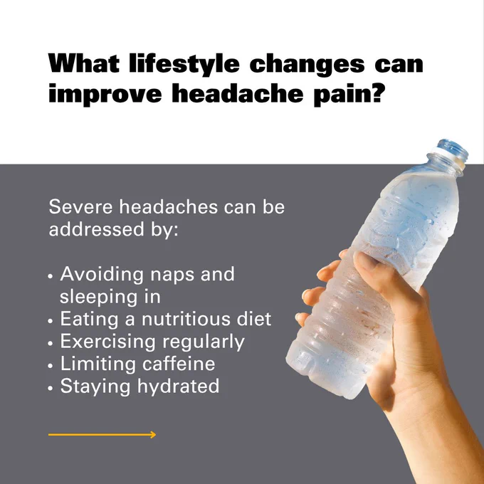 Graphic featuring a hand holding a water bottle with the question 'When should I seek medical care for headaches?' followed by the answer 'Severe headaches can be addressed by: avoiding naps and sleeping in, eating a nutritious diet, exercising regularly, limiting caffeine and staying hydrated.'