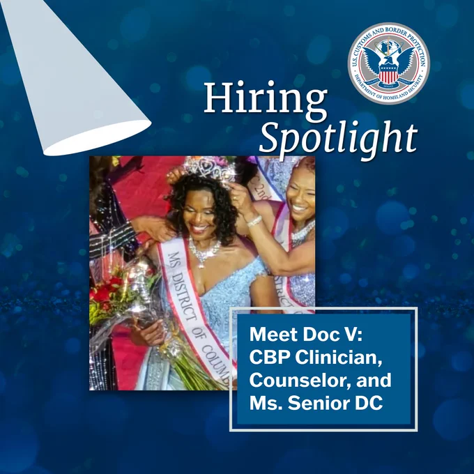 Photo of crowing Doc V as Ms. Senior DC. Hiring Spotlight. Meet Doc V: CBP Clinician, Counselor, and Ms. Senior DC.