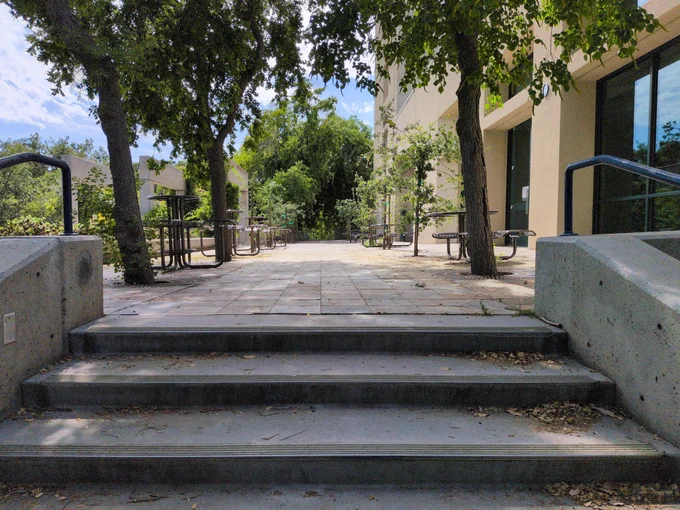 photo of the Walter Stiern Library main entrance, facing west
