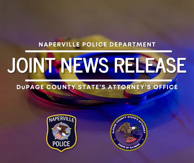 Close-up of police handcuffs with text announcing a joint news release by Naperville Police and DuPage County State's Attorney's Office.