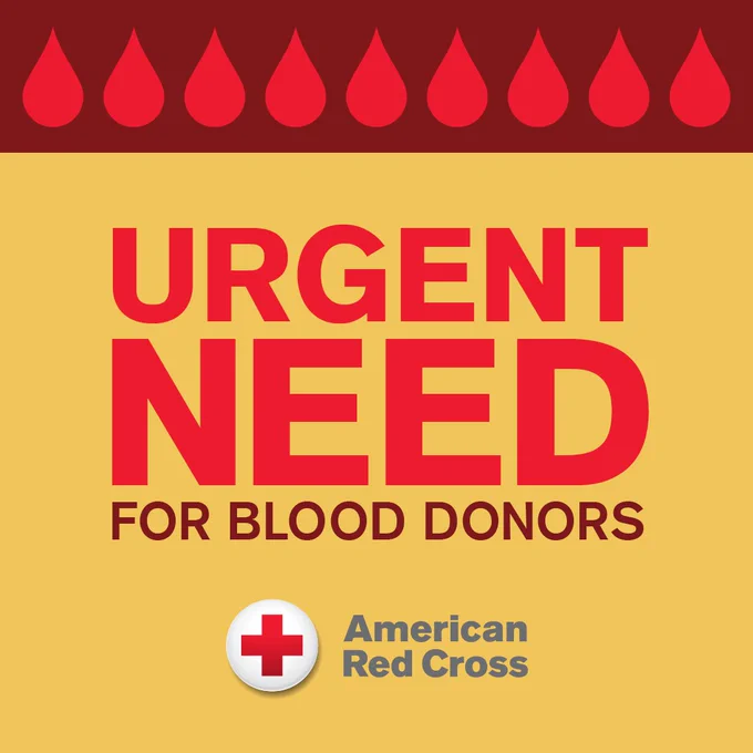 The image features bold text reading "Urgent Need for Blood Donors." Above the text are images of red blood drops. The American Red Cross logo is at the bottom.