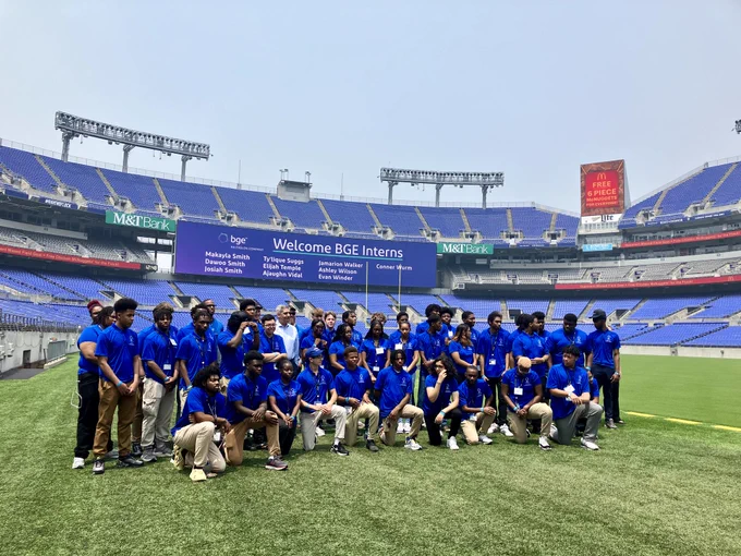 Group of BGE interns posing together during tour of M&T Bank Stadium