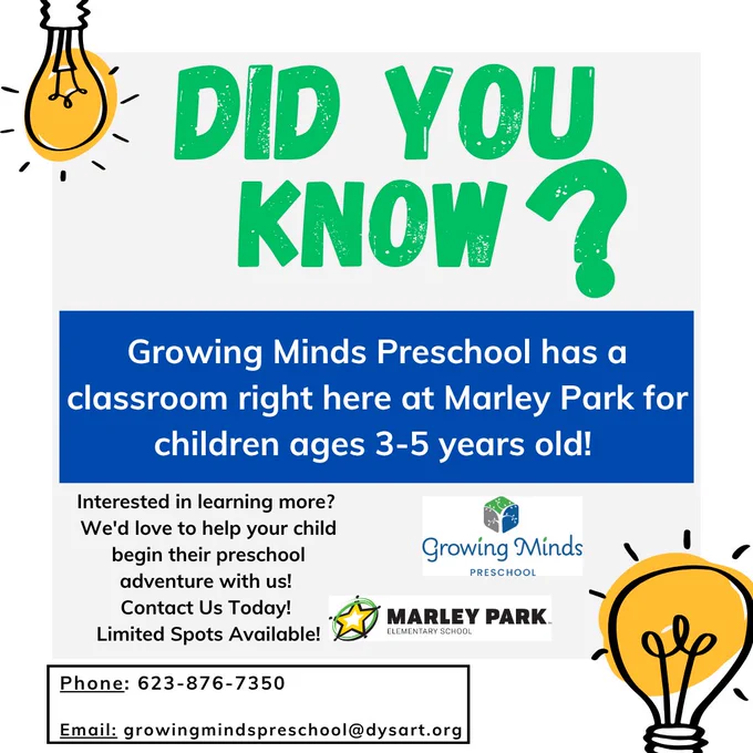 Growing Minds Preschool offers classes for children ages 3-5 at Marley Park Elementary School with limited spots available.