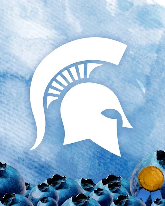 A white Spartan helmet logo against a light blue watercolor background. Below, a cluster of blue watercolor blueberries fills the bottom of the image. One blueberry on the right features a gold medal with blue ribbons.