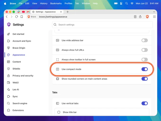 Screenshot showing how to enable compact mode in the Nightly version of Brave browser.