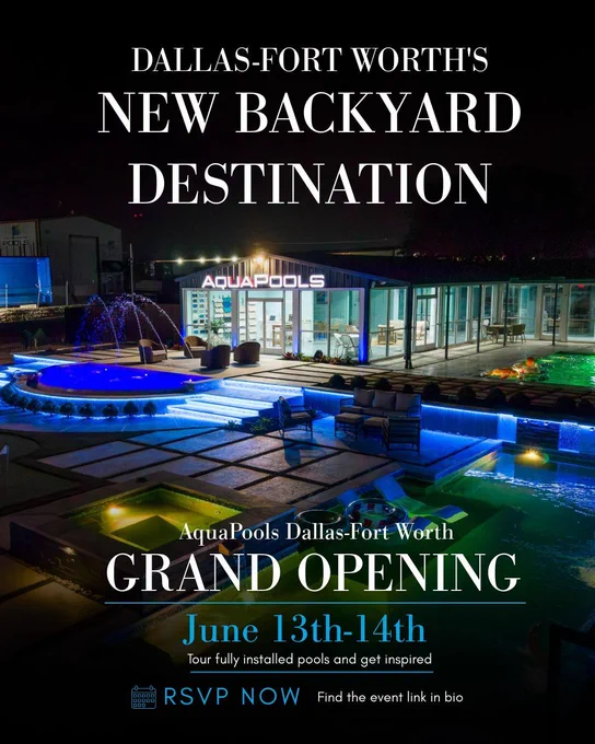 Illuminated AquaPools Dallas-Fort Worth showroom with glowing pools and June 13–14 grand opening details.