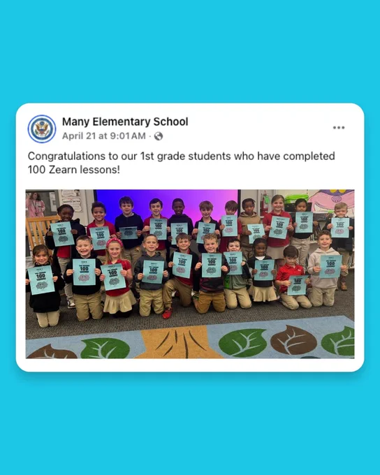 A Facebook post from Many Elementary School. The post celebrates first grade students who have completed 100 Zearn lessons. The image shows a group of children holding certificates, standing in a classroom with bright, colorful walls and decor.