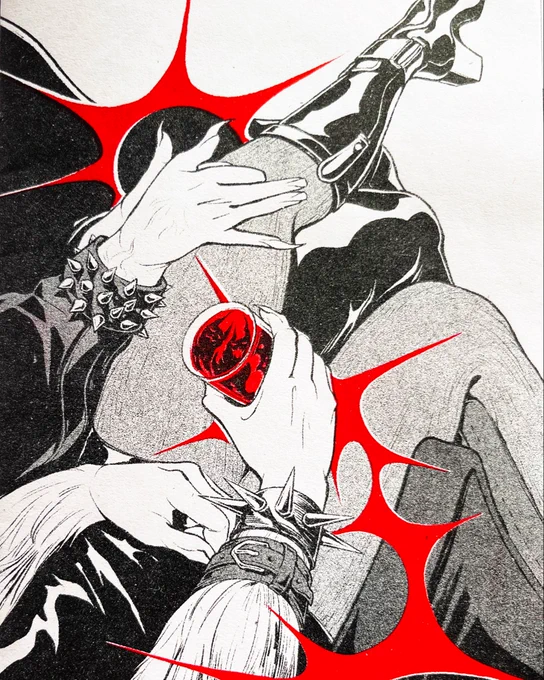 Risograph print in black and red of two characters sitting by each other, showing their legs and arms. One holds a glass with two wolves reflected in the liquid.