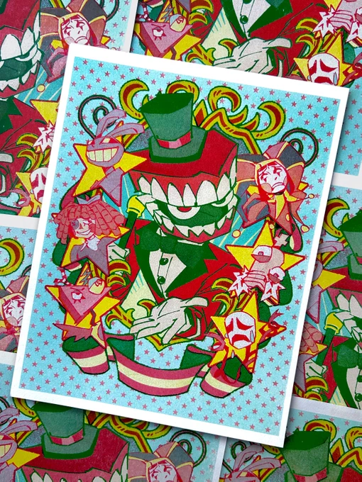 Drawing featuring the main cast of The Amazing Digital Circus. In the middle and taking up most of the page is Caine. He is looking at us from below his top row of teeth, so that his stare is slight unnerving. His left arm us bent out towards us, hand palm up as if to invite us forward. His other hand is tucked to his chest and holds his cane. A decorative yellow and red border reminiscent of old circus posters surrounds him. There are 3 large yellow starts on top of both sides of the borders. In the left are Jax, Ragatha, and Zooble-- looking playful, resigned and upset respectively. In the stars on the right are Pomni, Kinger and Gangle-- looking tired, joyful and sad respectively. Starting from under Cain and trailing up on both sides and under the stars is a long winding red and yellow ribbon. Rows of stars line the background.