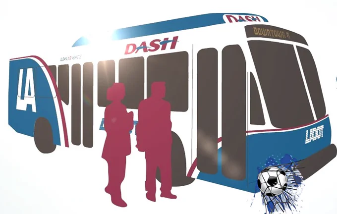 Drawing of an LA DOT Dash bus with human figures waiting to board. Sunlight beams from above and a soccer ball bounces by.