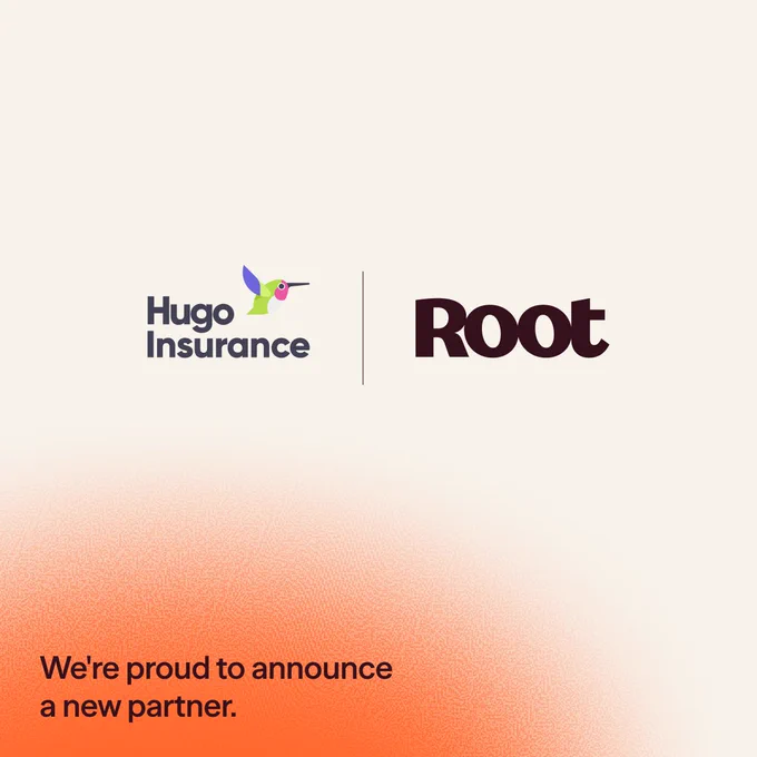 Logos of Hugo Insurance and Root are displayed side by side. Below, text reads: "We're proud to announce a new partner." The background features a gradient of orange and cream.