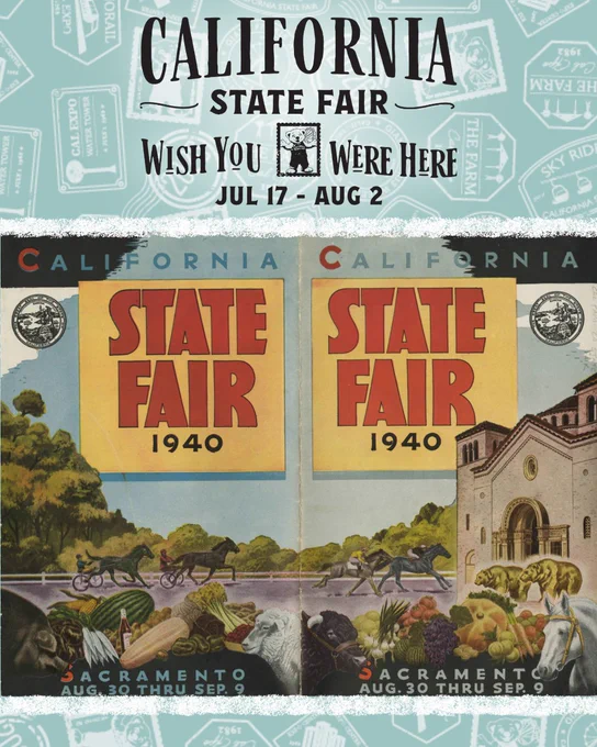 Vintage 1940 California State Fair poster featuring animals, horse racing, and a historic building in Sacramento.