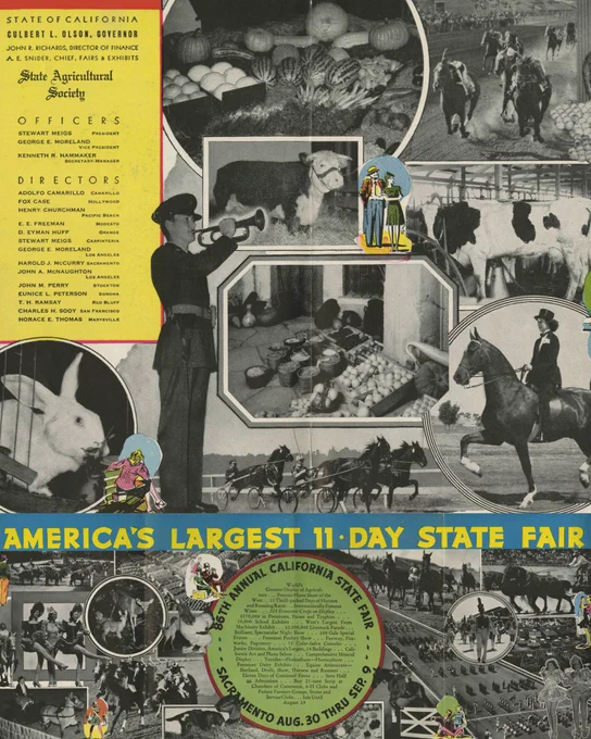 Vintage poster showcasing various livestock, horse riding, and agricultural exhibits at California's 11-day State Fair in Sacramento.