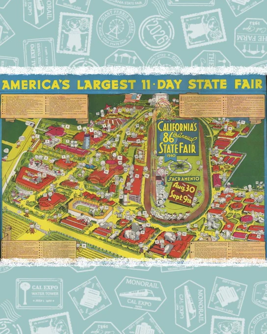 Colorful illustrated map of California's 86th Annual State Fair in Sacramento, showing fairgrounds layout and event locations from Aug 30 to Sept 9, 1940.