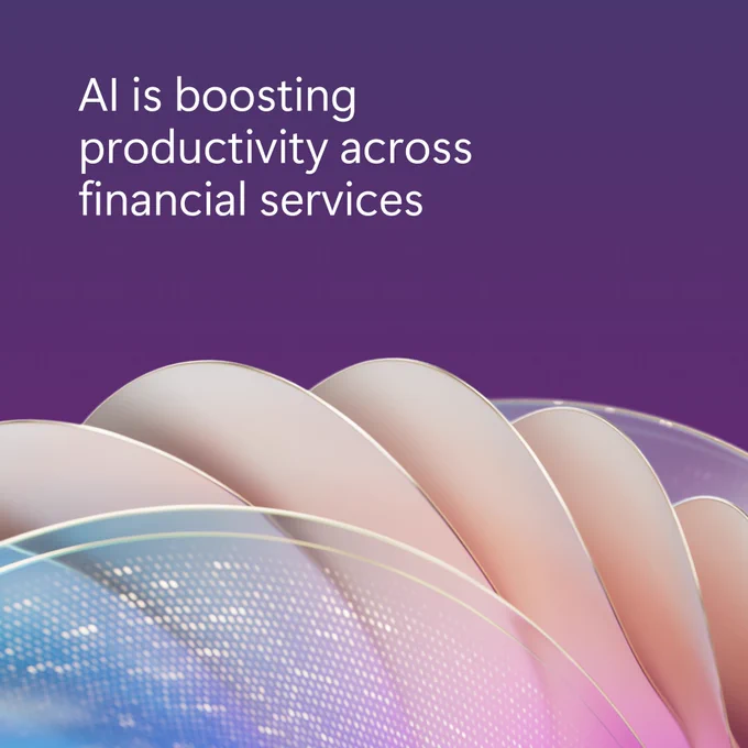 A gradient background fading from purple to blue. Intersecting, smooth, layered shapes in shades of white and light blue create a dynamic effect. Overlay text reads: 'AI is boosting productivity across financial services'.