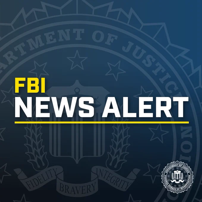 Text over a blue background with FBI News Alert and an FBI logo located in the lower right corner.  