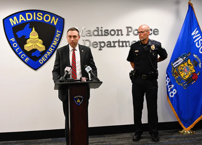 FBI Milwaukee Special Agent in Charge Alan Karr speaks at press conference in Madison with Madison Police Chief James Patterson about the return of a fugitive from Mexico back to Madison, Wisconsin.