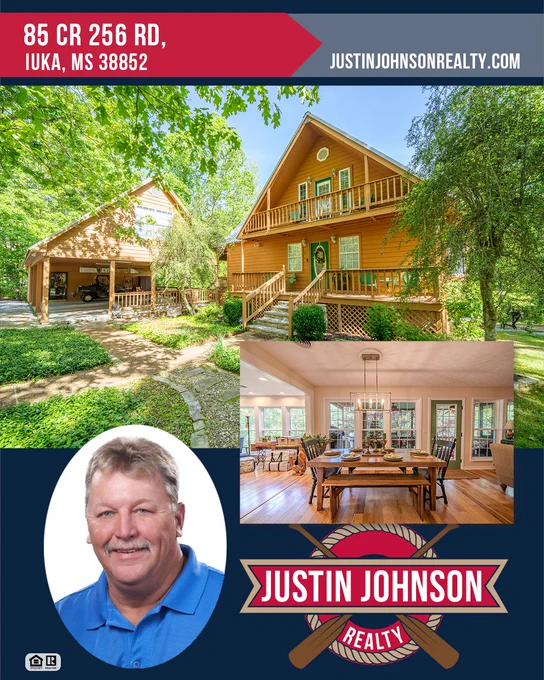 Real estate marketing image showcasing a cozy wooden cabin with a lush garden. Features bright interior dining area and realtor contact details.