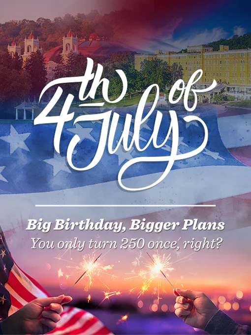 A festive 4th of July poster featuring patriotic elements such as fireworks, the American flag, and historical West Baden Springs Hotel and French Lick Springs Hotel buildings. The text reads, "4th of July - Big Birthday, Bigger Plans. You only turn 250 once, right?" People are holding sparklers in the foreground.