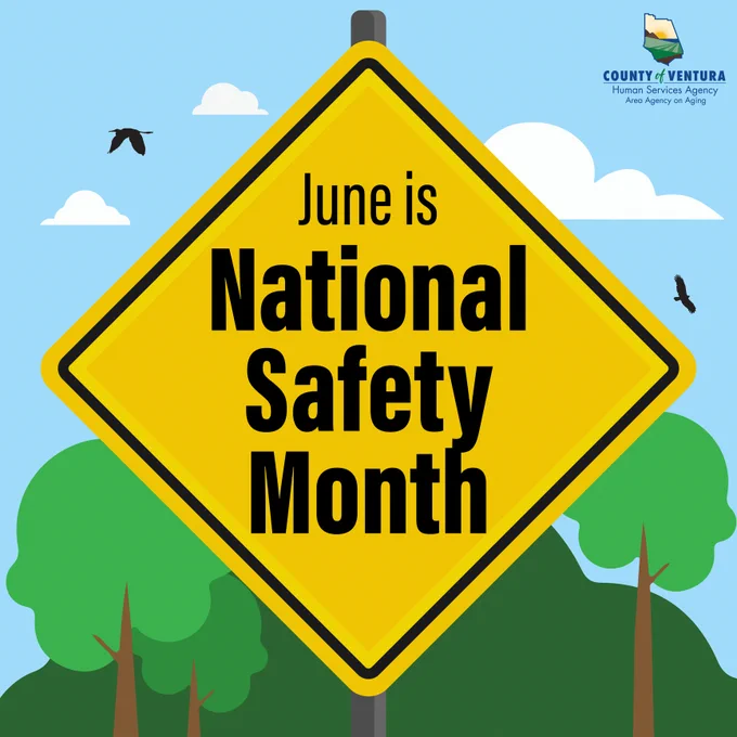 Illustration of a traffic sign with the words "June is National Safety Month" and trees, blue skies, clouds and birds in the background. VCAAA logo.