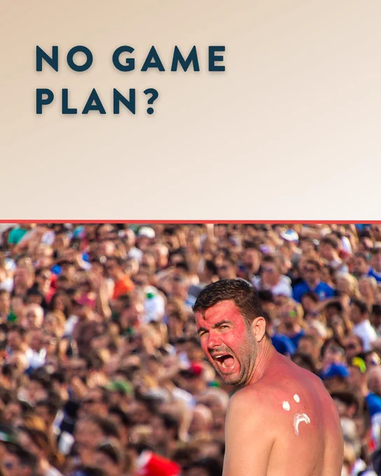 A sunburned person with an open mouth appears in a crowded outdoor setting. Text at the top reads "No game plan?"