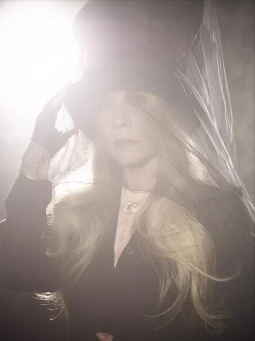 Stevie Nicks pictured with long hair is wearing a dark hat and veil, under soft, diffused lighting. The mood is mysterious.